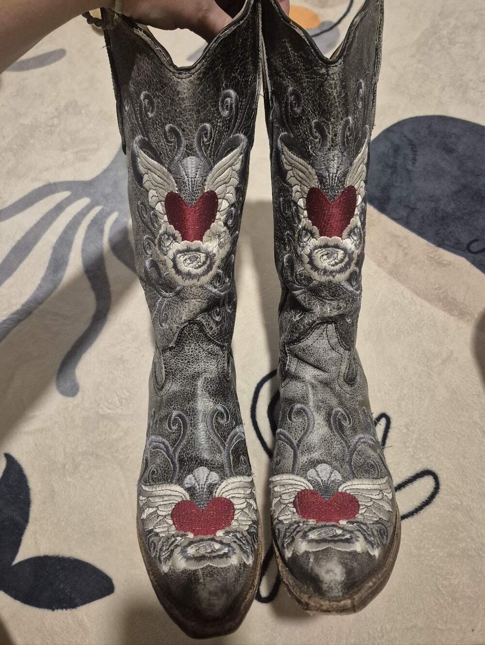 Embroidered Winged Heart Women's Western Boots - Red/Gray Size 8